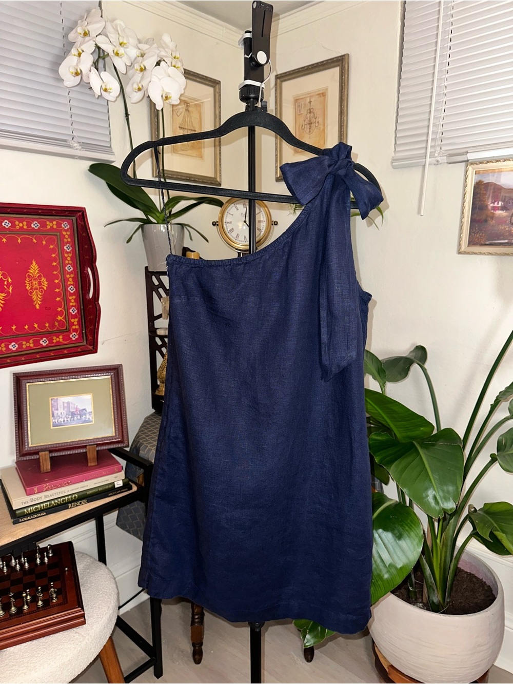 J.Crew 100% Linen One-Shoulder Tie Shift Mini Dress Navy Blue Size XS